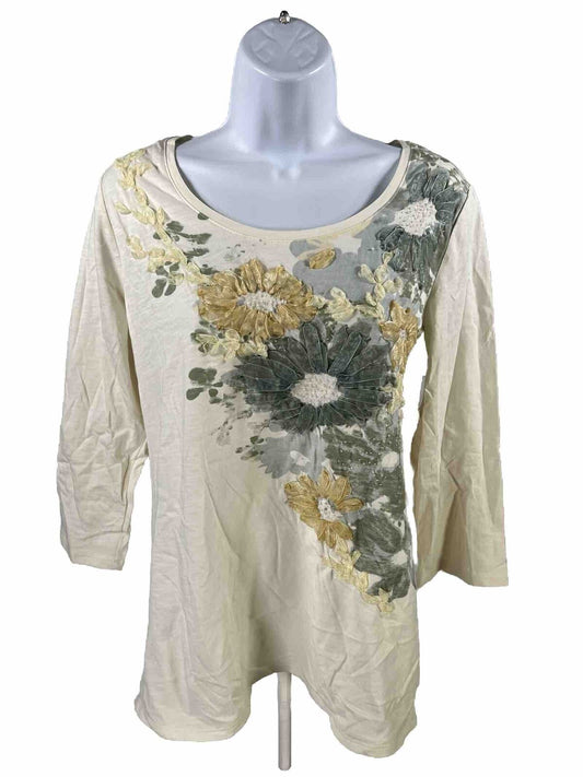 NEW Coldwater Creek Women's Ivory Floral 3/4 Sleeve Shirt - M 10-12