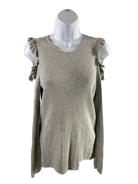 White House Black Market Women's Gray Ruffle Cold Shoulder Sweater - S