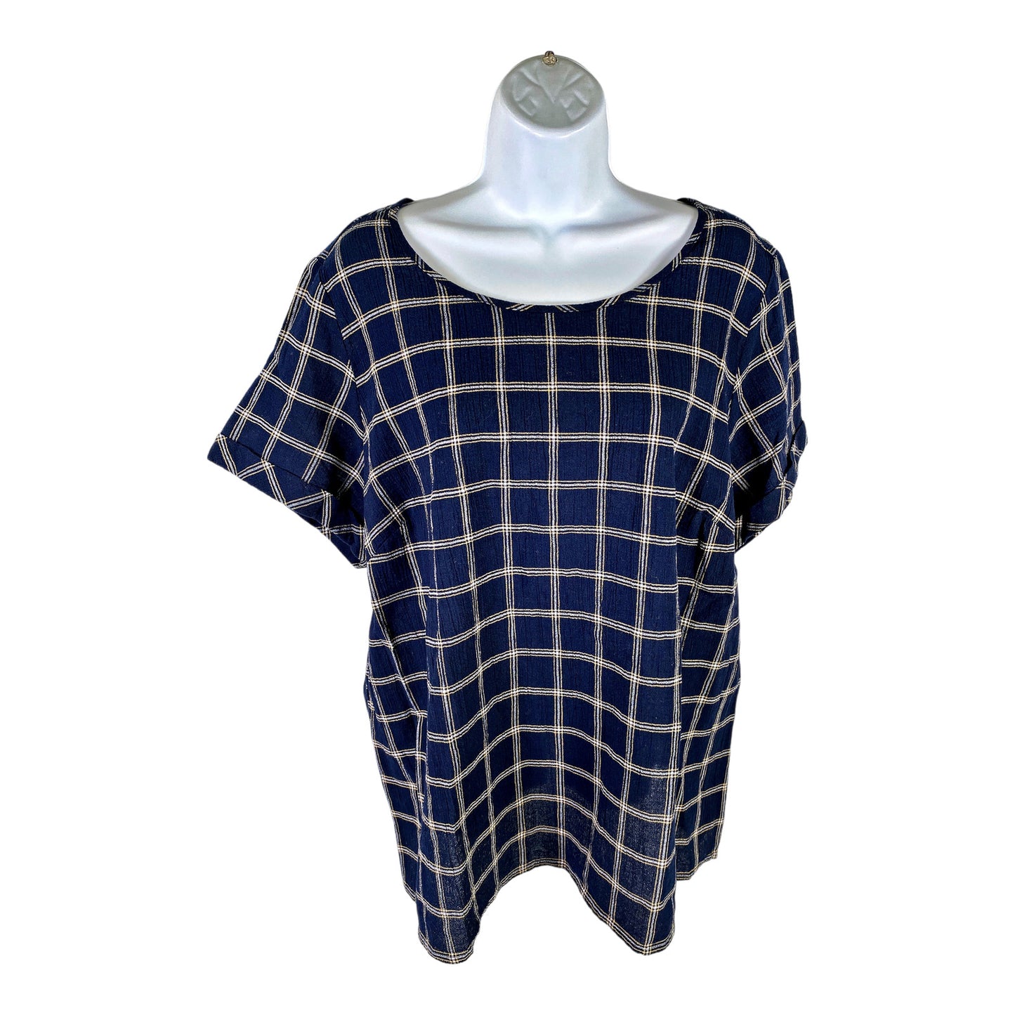 NEW CJ Banks Women’s Navy Blue Windowpane Plaid Blouse Top - Plus 1X