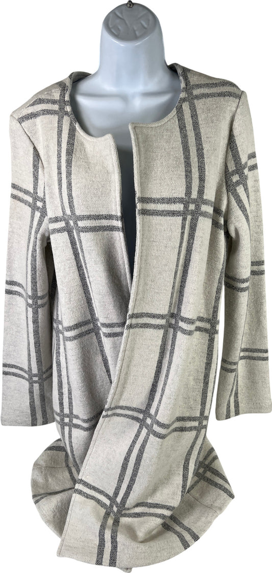 Adrienne Vittadini Women’s White Plaid Open Front Long Cardigan Sweater - M