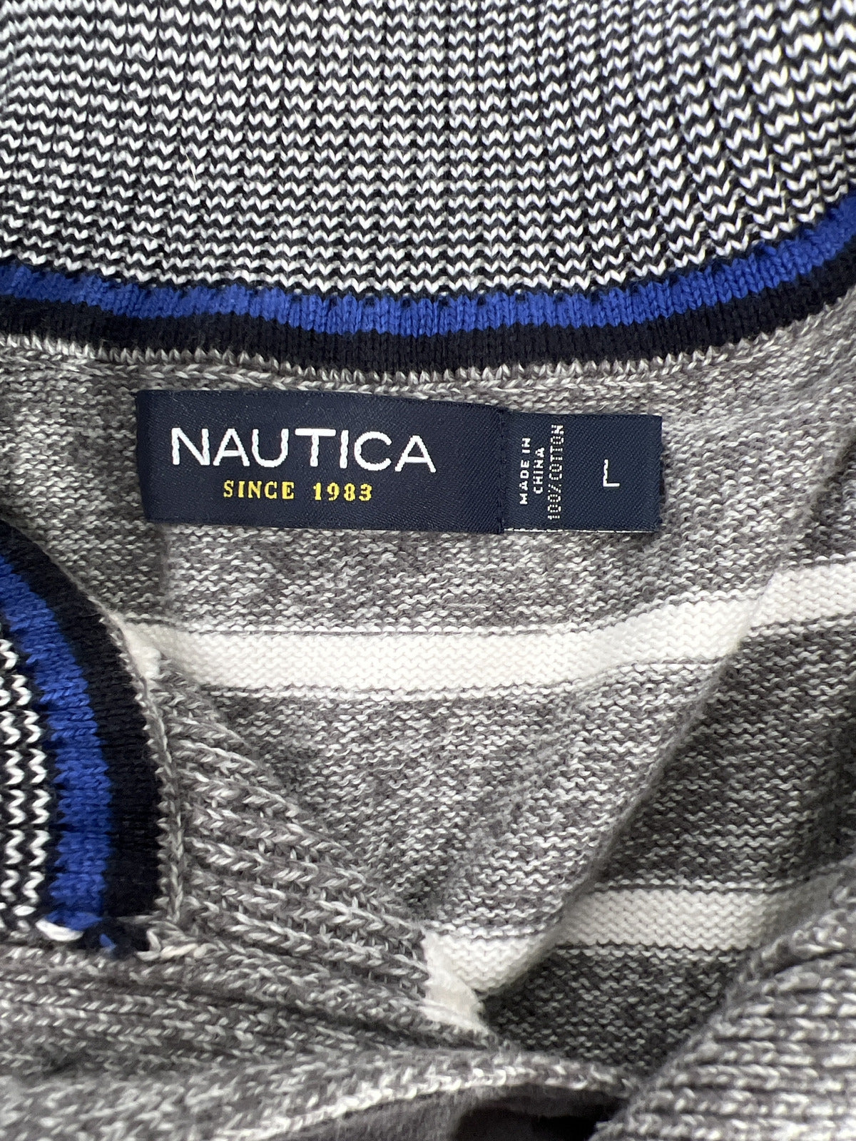 Nautica Men’s Gray/White Striped Long Sleeve Sweater Polo - L