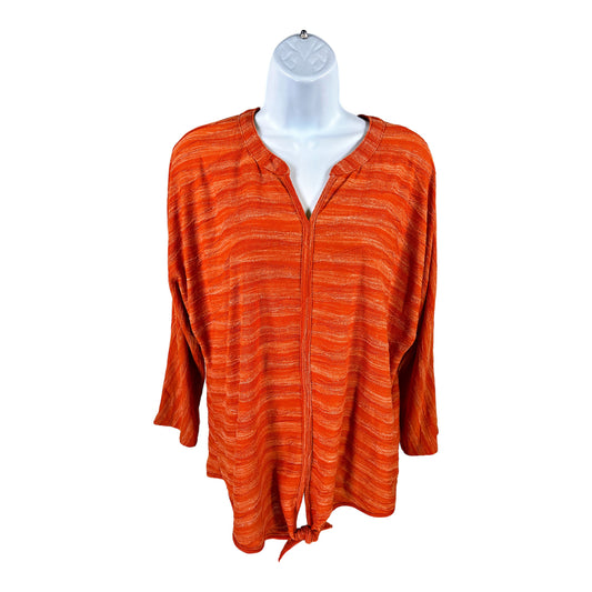 Chico’s Women’s Orange Wave Texture 3/4 Sleeve Tie Front Shirt - 3/US XL