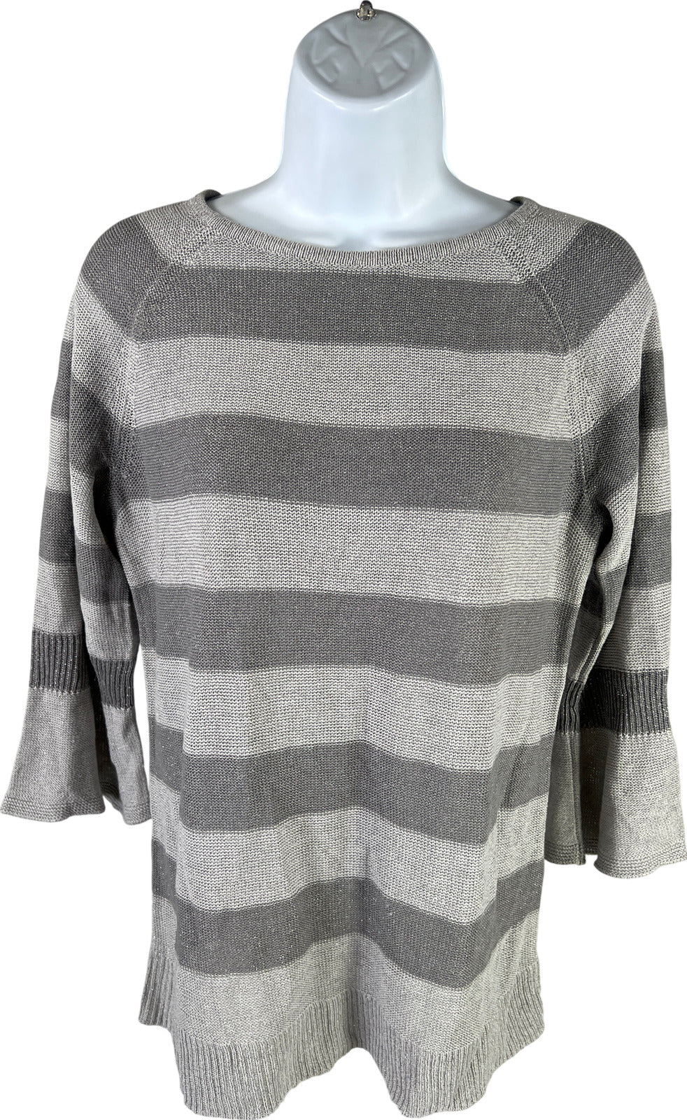 NEW J.Jill Women’s Gray Striped Linen Blend 3/4 Sleeve Sweater - XS