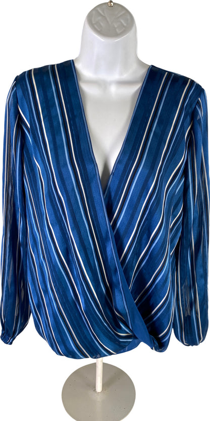 White House Black Market Women’s Blue Striped Sheer Faux Wrap Blouse - S