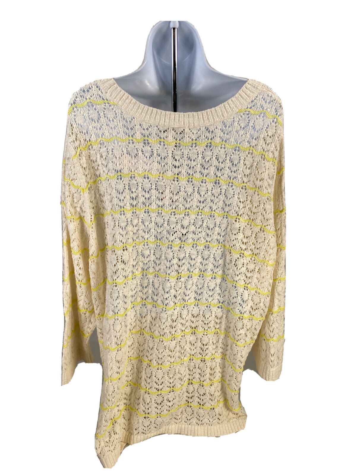 NEW CJ Banks Womens White/Yellow Open Knit Long Sleeve Sweater Sz Plus 3X