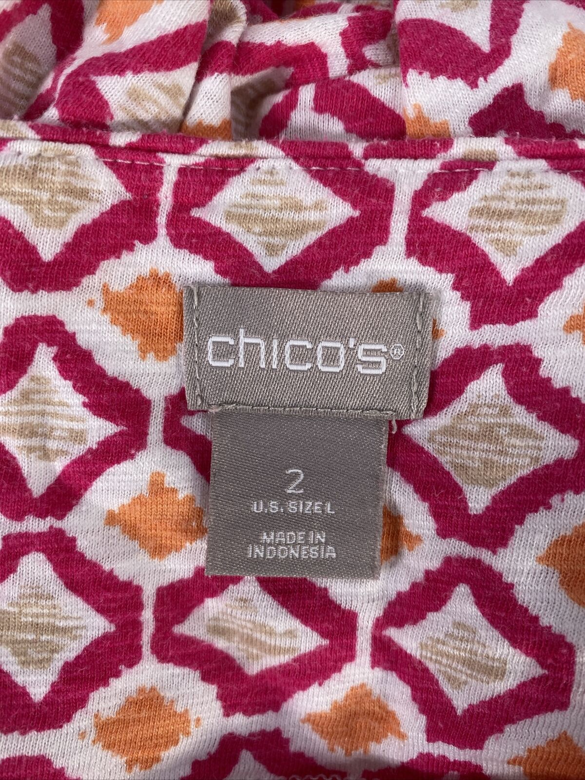 Chico's Women's Pink Geometric 3/4 Sleeve Boat Neck Top Shirt - 2/US L