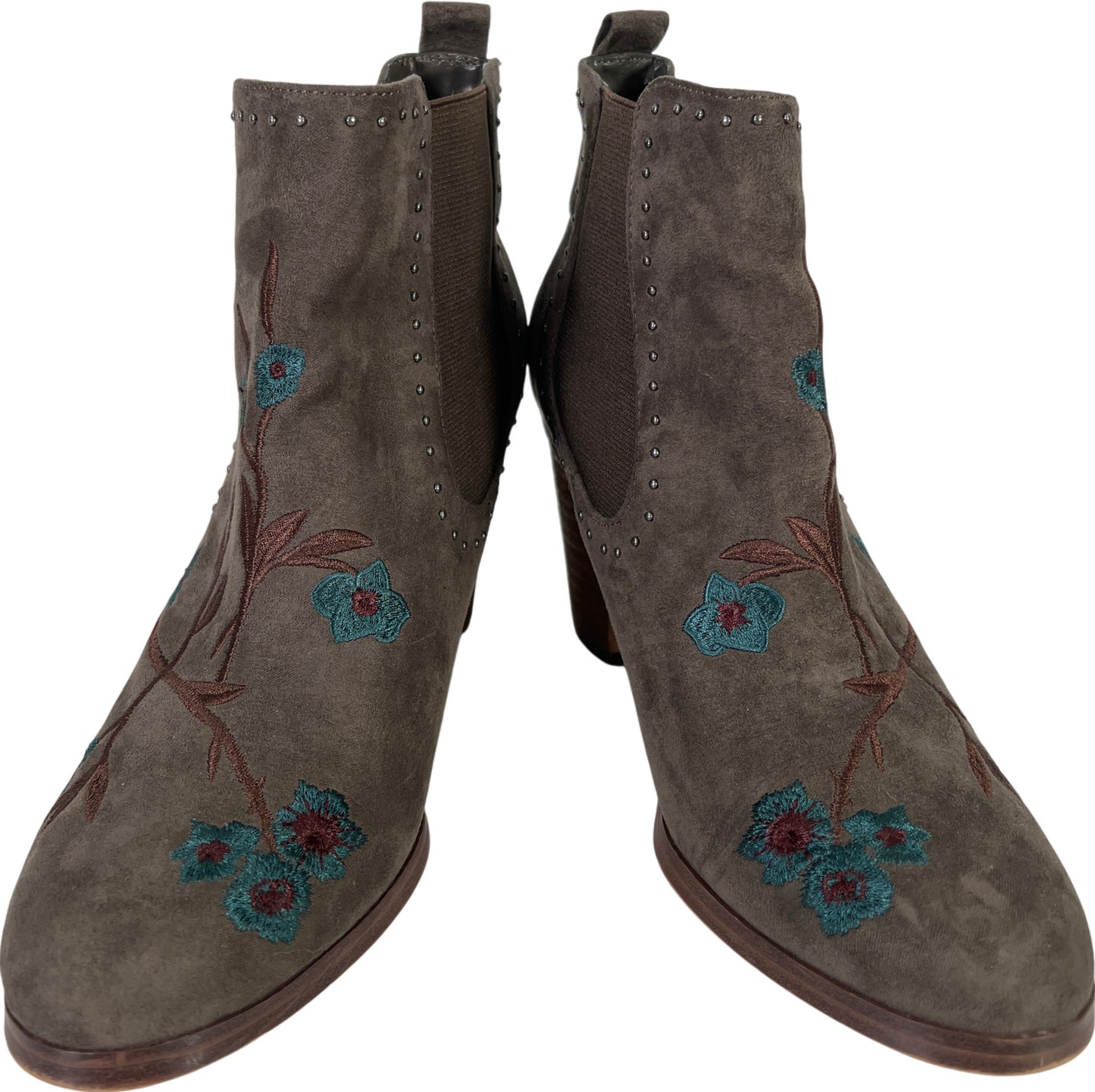 Crown Vintage Women’s Gray Embroidered Floral Pull On Heeled Booties - 8