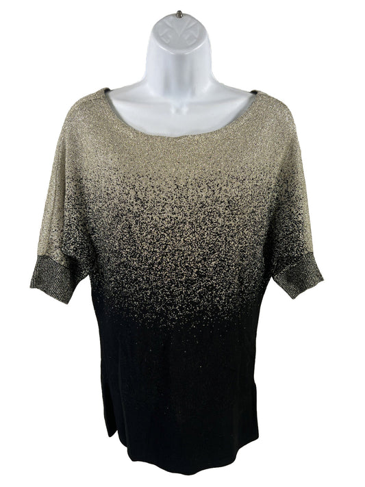 White House Black Market Women's Black Metallic Short Sleeve Sweater - S