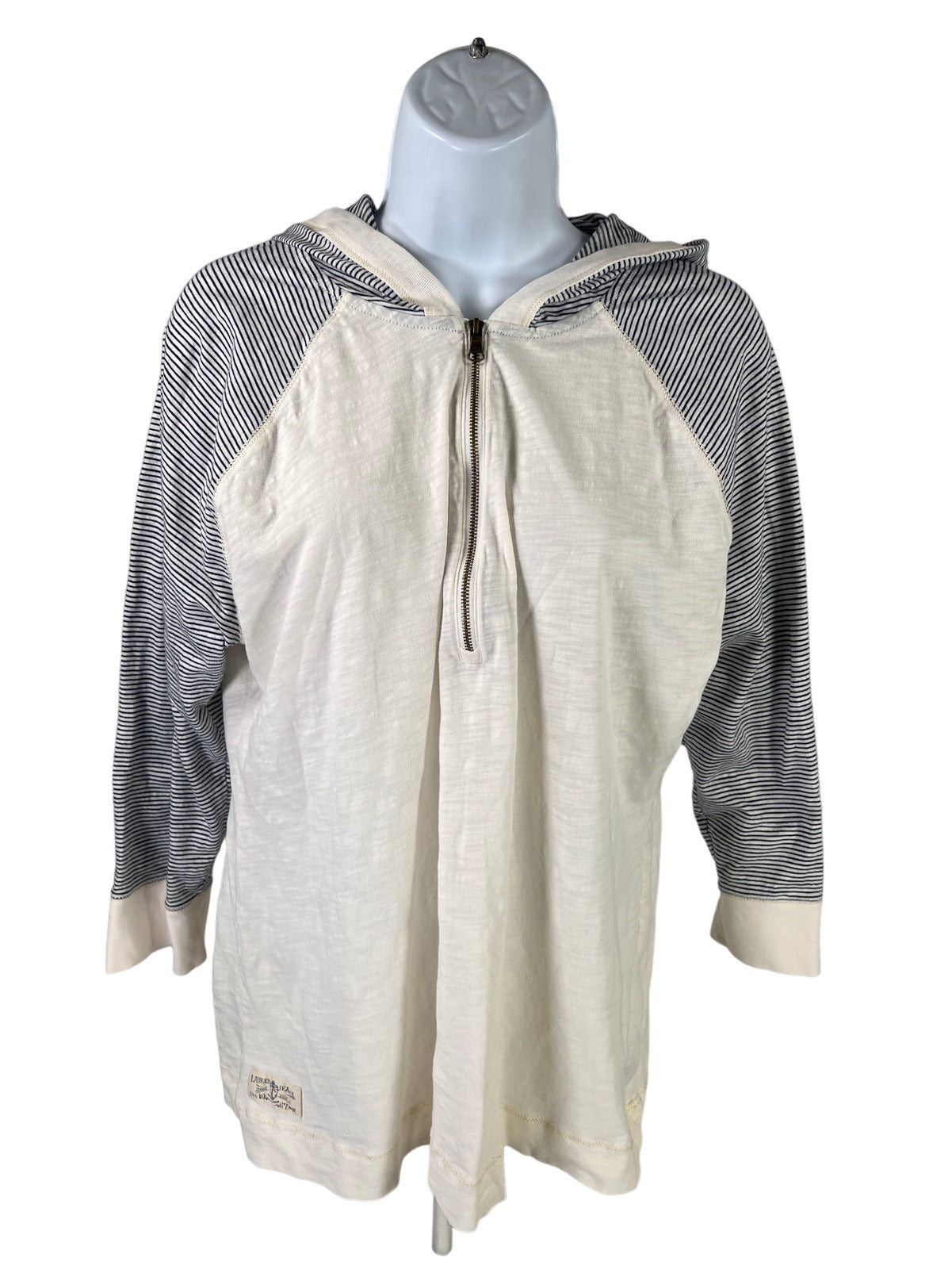 Lauren Ralph Lauren Women’s Ivory Striped 3/4 Sleeve 1/2 Zip Hooded Shirt - XL