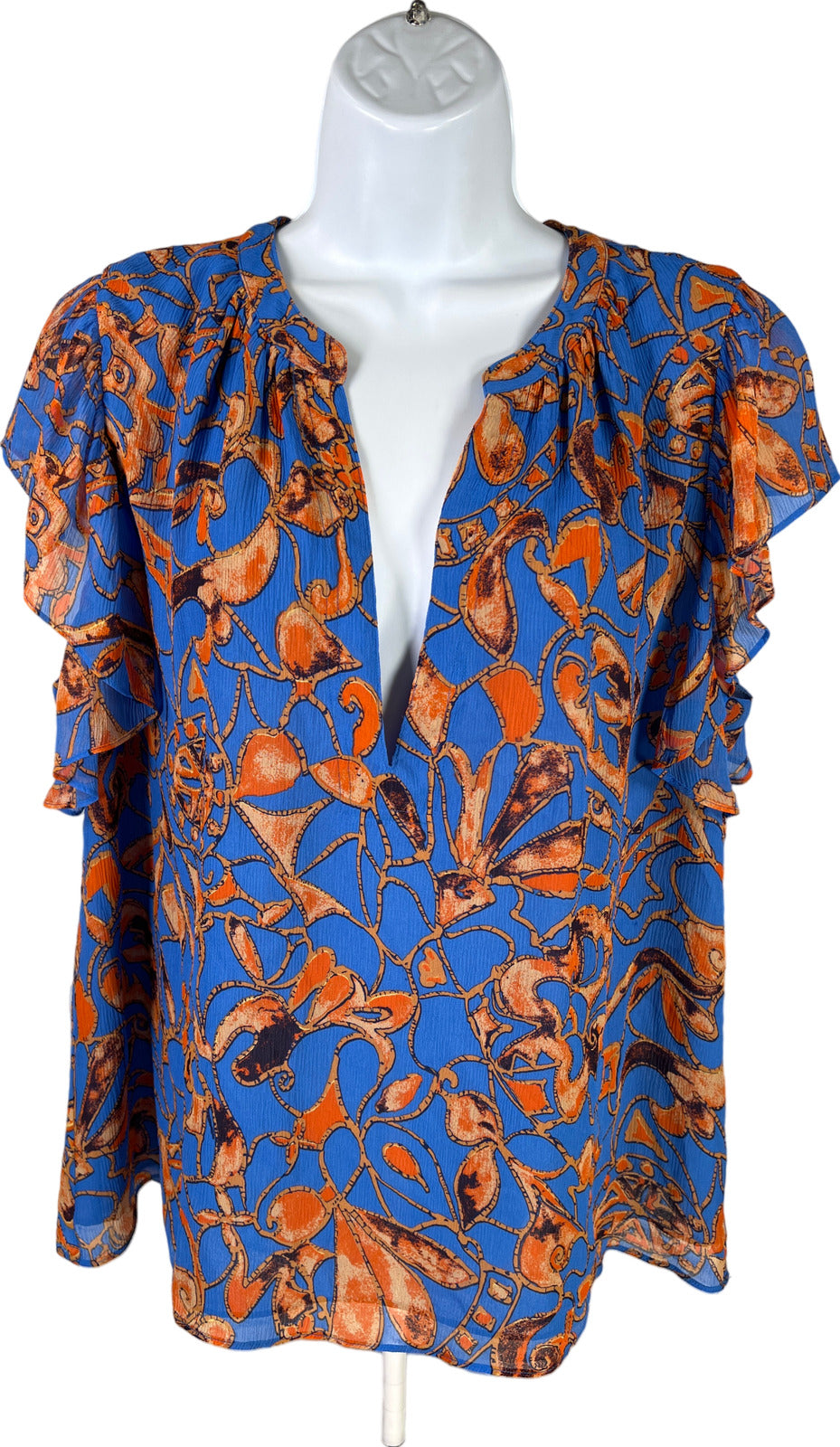 ALC Women’s Blue/Orange Short Ruffle Sleeve V-Neck Blouse - 12