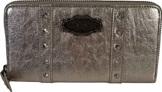 NEW Harley-Davidson Silver Metallic Leather Zip Around Clutch Wallet