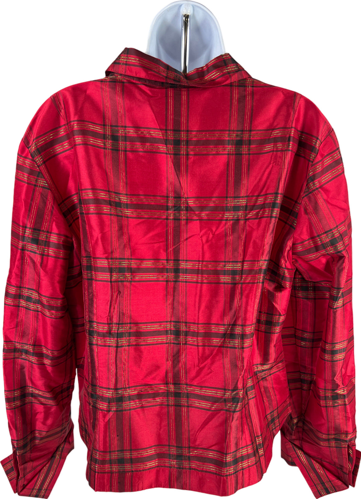 NEW Coldwater Creek Women’s Red/Gold Metallic Plaid Zip Front Blouse - XL