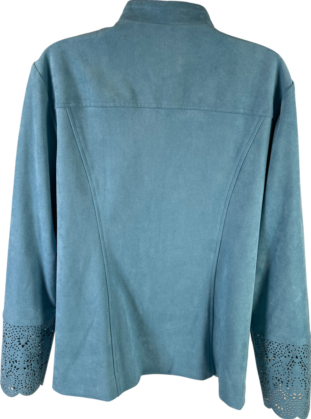 Chico’s Women’s Blue Faux Suede Laser Cut Open Front Jacket - 2/US L