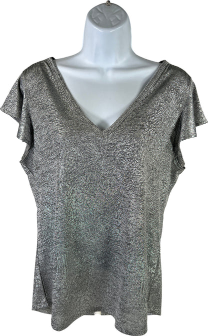 White House Black Market Women’s Gray Metallic Semi Sheer V-Neck T-Shirt - M