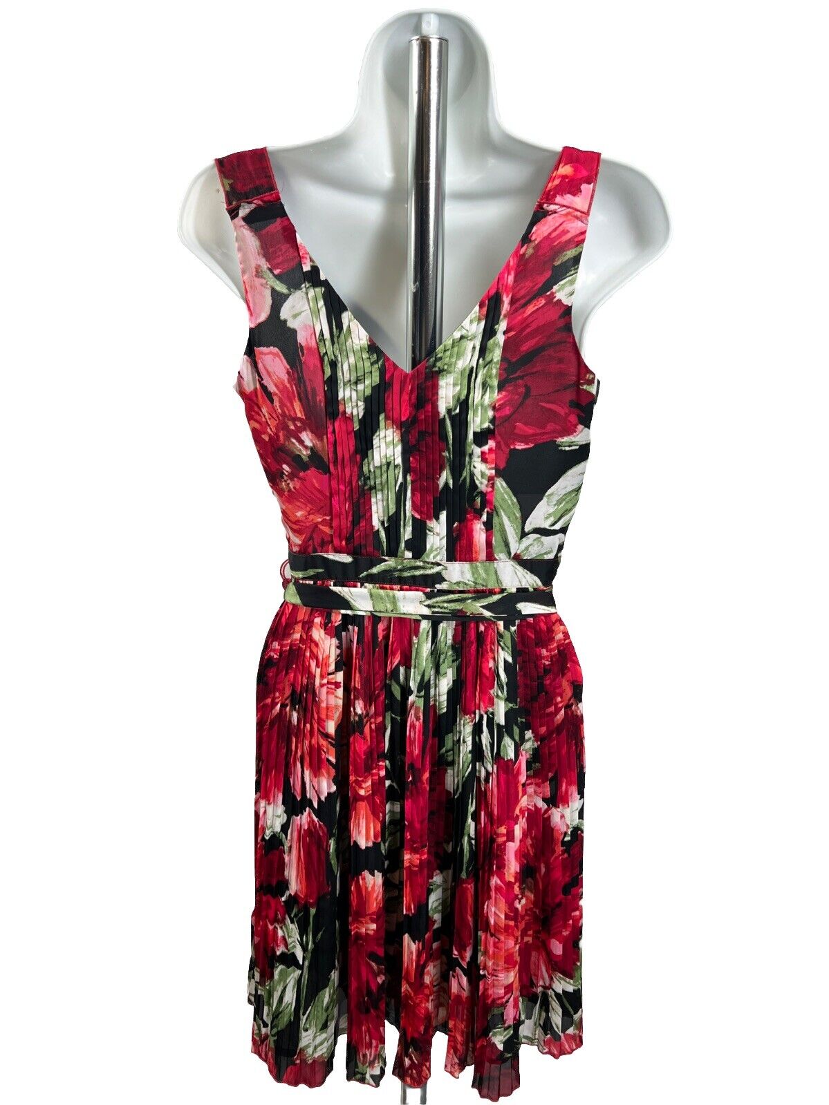 White House Black Market Women's Red Floral Tie Front Pleated Dress - 00