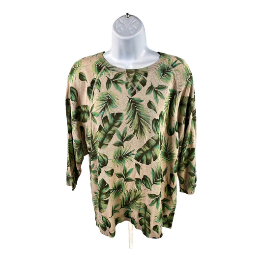 J.Jill Womens Beige/Green Palm Leaf Print 3/4 Sleeve Thin Knit Sweater -S