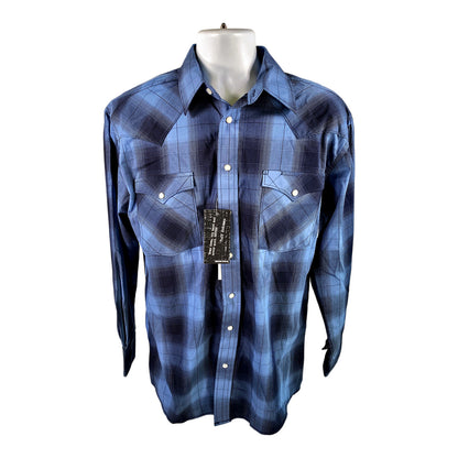 NEW Panhandle Rough Stock Men’s Blue Plaid Snap Button Up Shirt - M