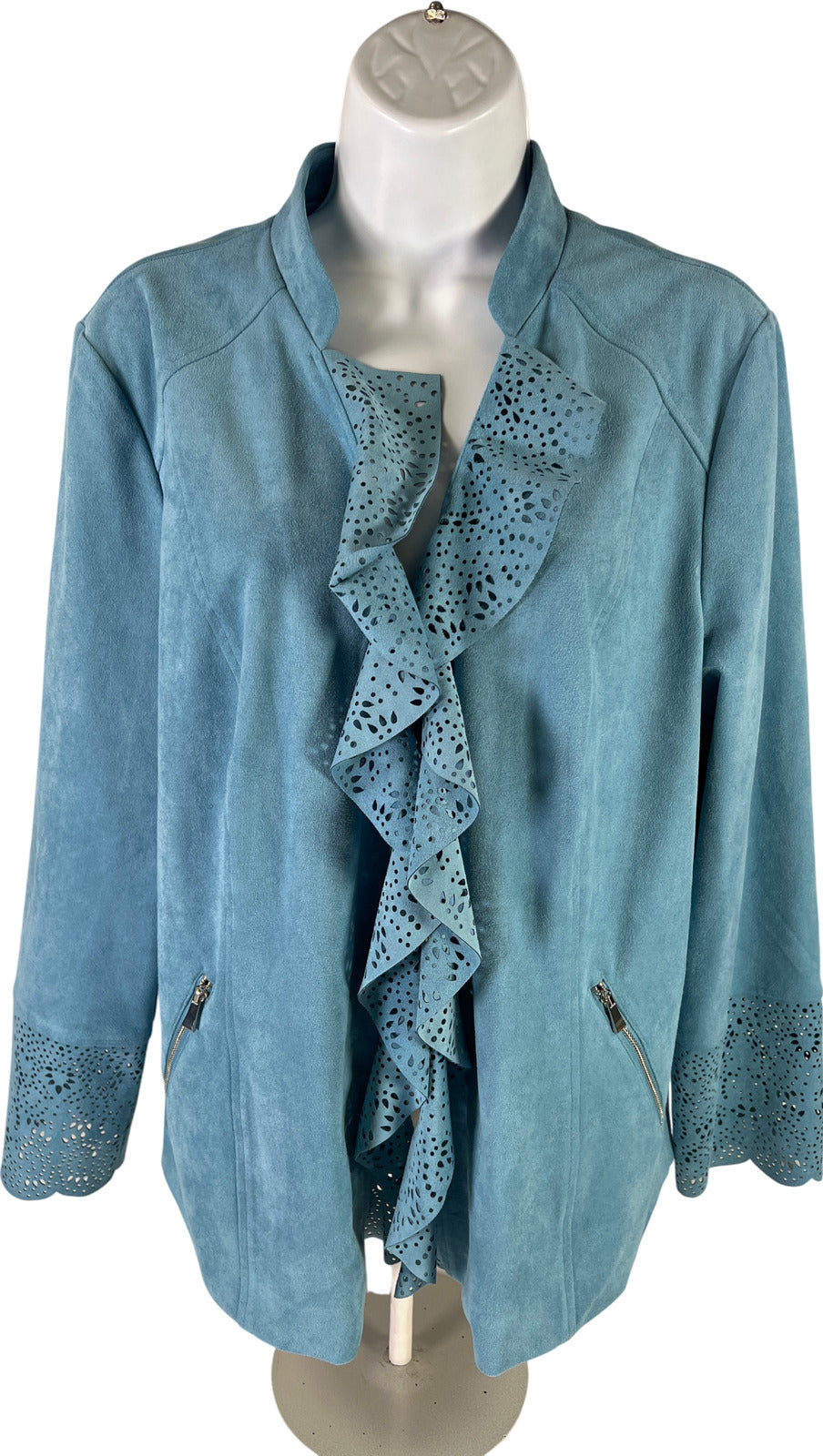 Chico’s Women’s Blue Faux Suede Laser Cut Open Front Jacket - 2/US L