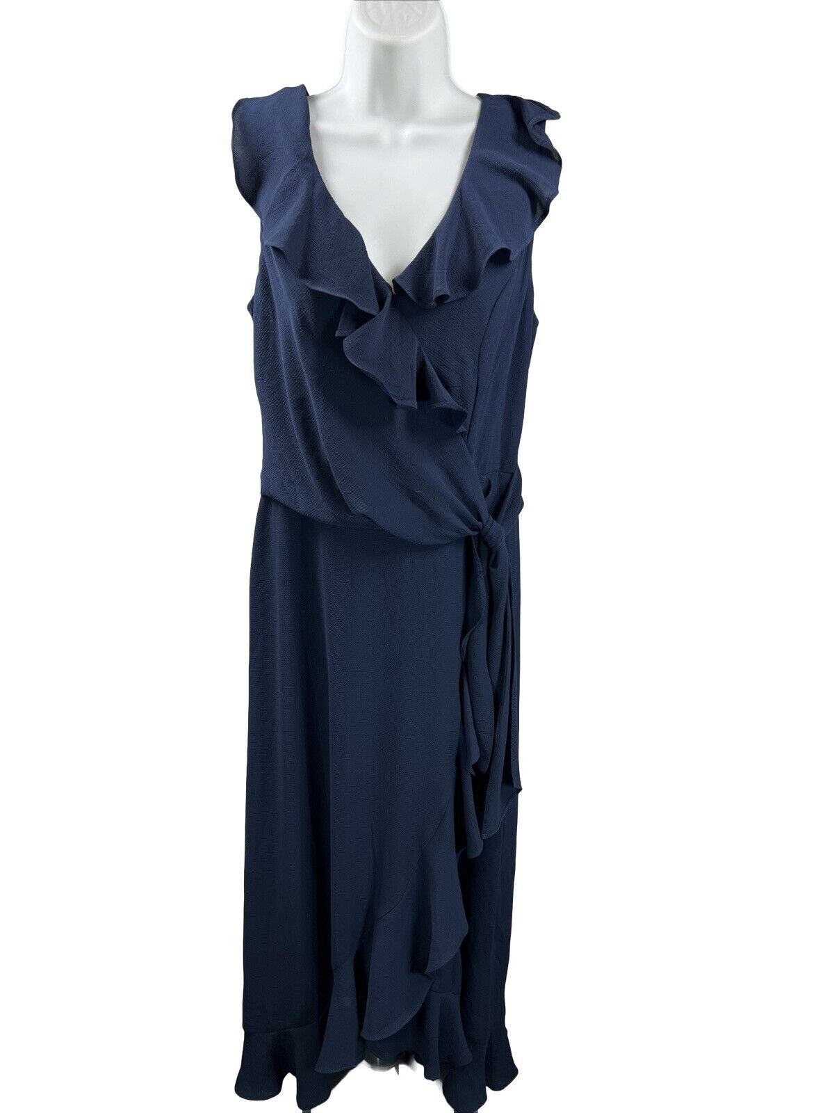 NEW London Times Women's Navy Blue Ruffle Faux Wrap Dress - 6