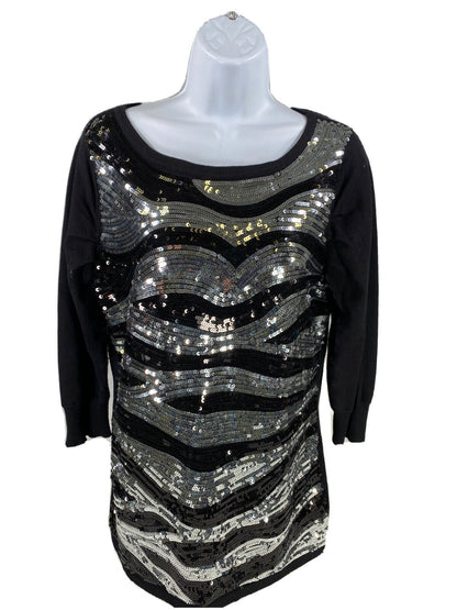 Boston Proper Women's Black/Silver Sequin Front 1/2 Sleeve Blouse Sz M