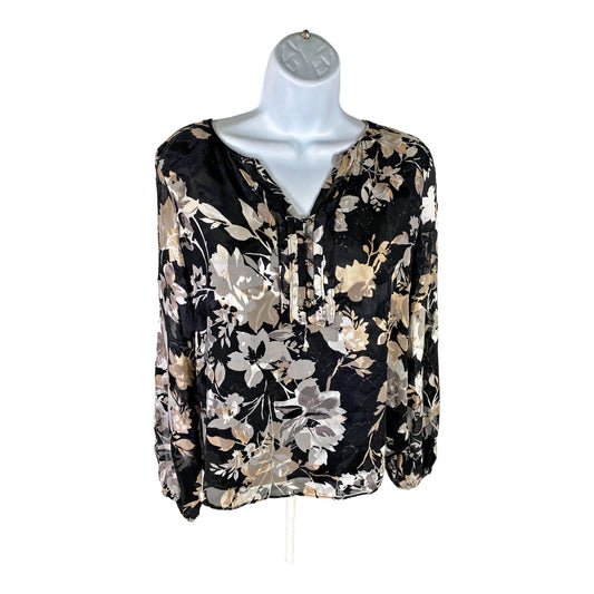 White House Black Market Womens Black Floral Long Sleeve Blouse - 4Petite