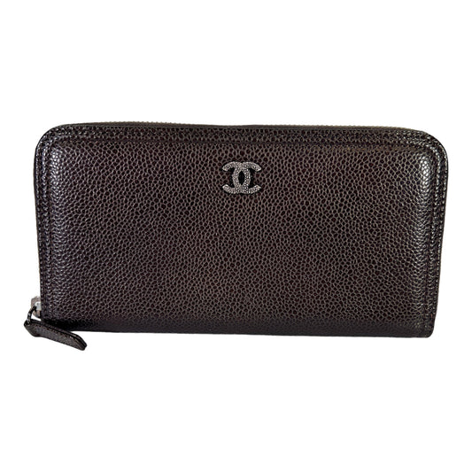 Chanel Brown Caviar Leather Zip Around Continental Wallet