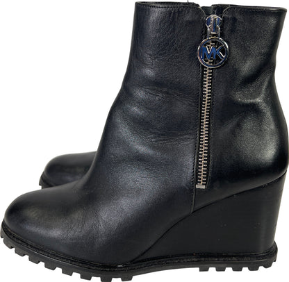 Michael Kors Women’s Black Leather Zip Ankle Wedge Booties - 7.5