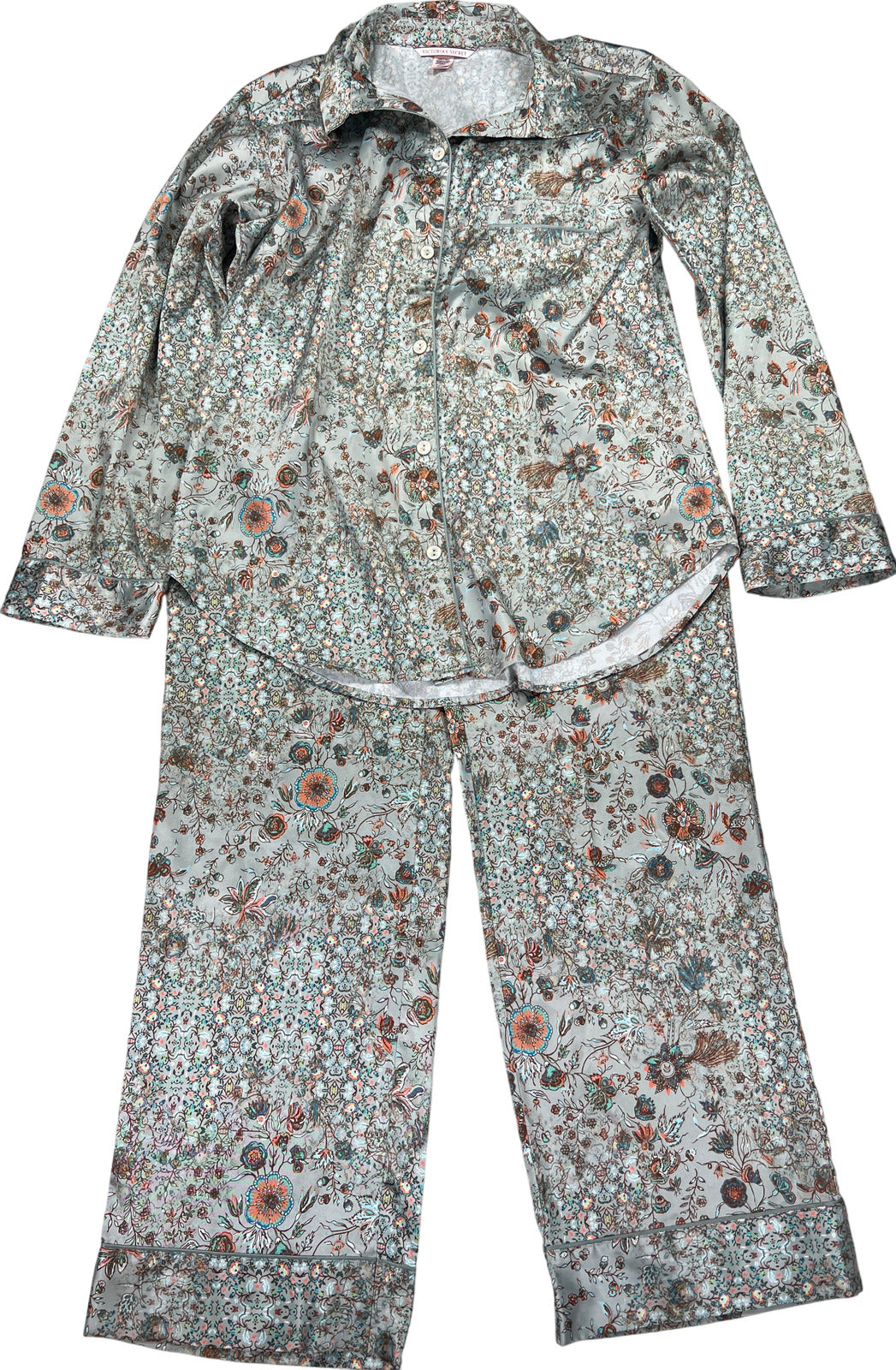 Victoria’s Secret Women’s Green/Blue Floral 4 Piece Satin Pajama Set - S