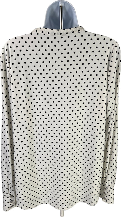 White House Black Market Women’s White Polka Dot Ruffle Neck Top - L