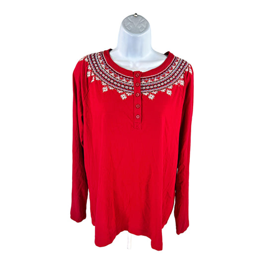 J. Jill Women’s Red Embroidered Neckline Henley Long Sleeve Shirt - M