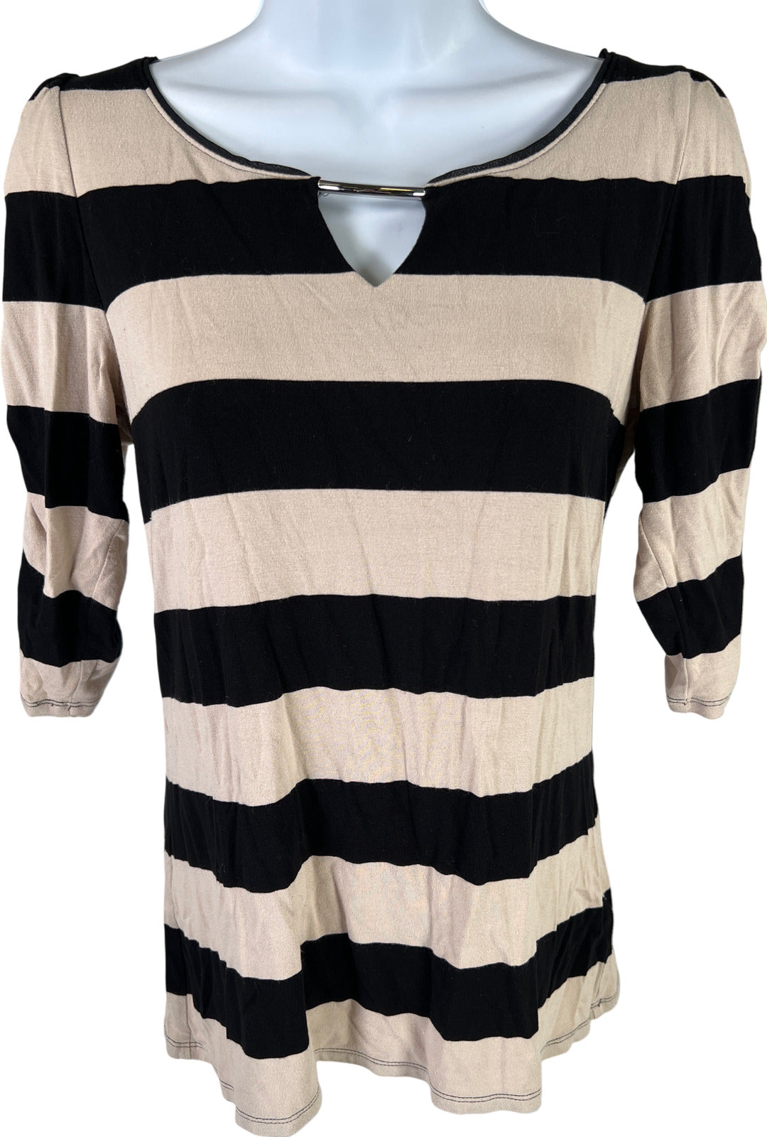 White House Black Market Women’s Black/Beige Striped 1/2 Sleeve Keyhole Top - S