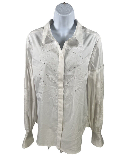 White House Black Market Women's White Eyelet Accent Button Up Top - 14