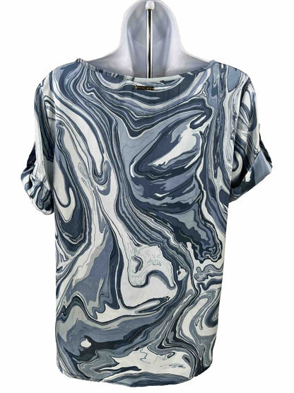 Michael Kors Women's Blue Marbled Print Sheer Short Sleeve Blouse - M