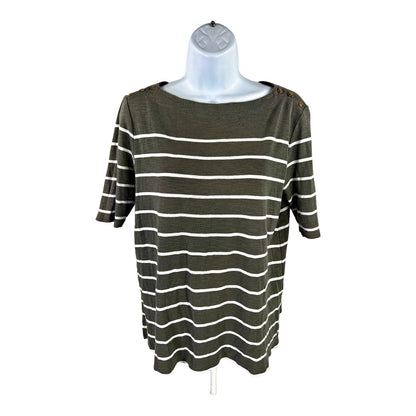 J.Jill Women’s Green Striped Button Accent Short Sleeve T-Shirt - S