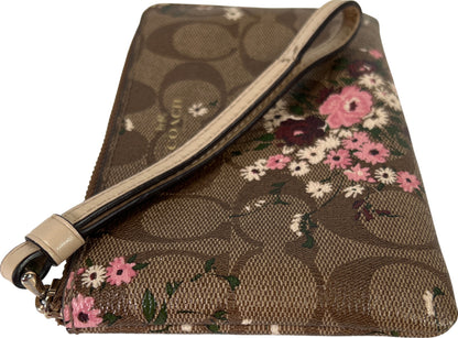 Coach Brown Signature Floral Coated Canvas Corner Zip Wristlet Pouch