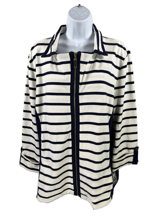 NEW JM Collection Women's White/Navy Striped Full Zip Jacket - XL