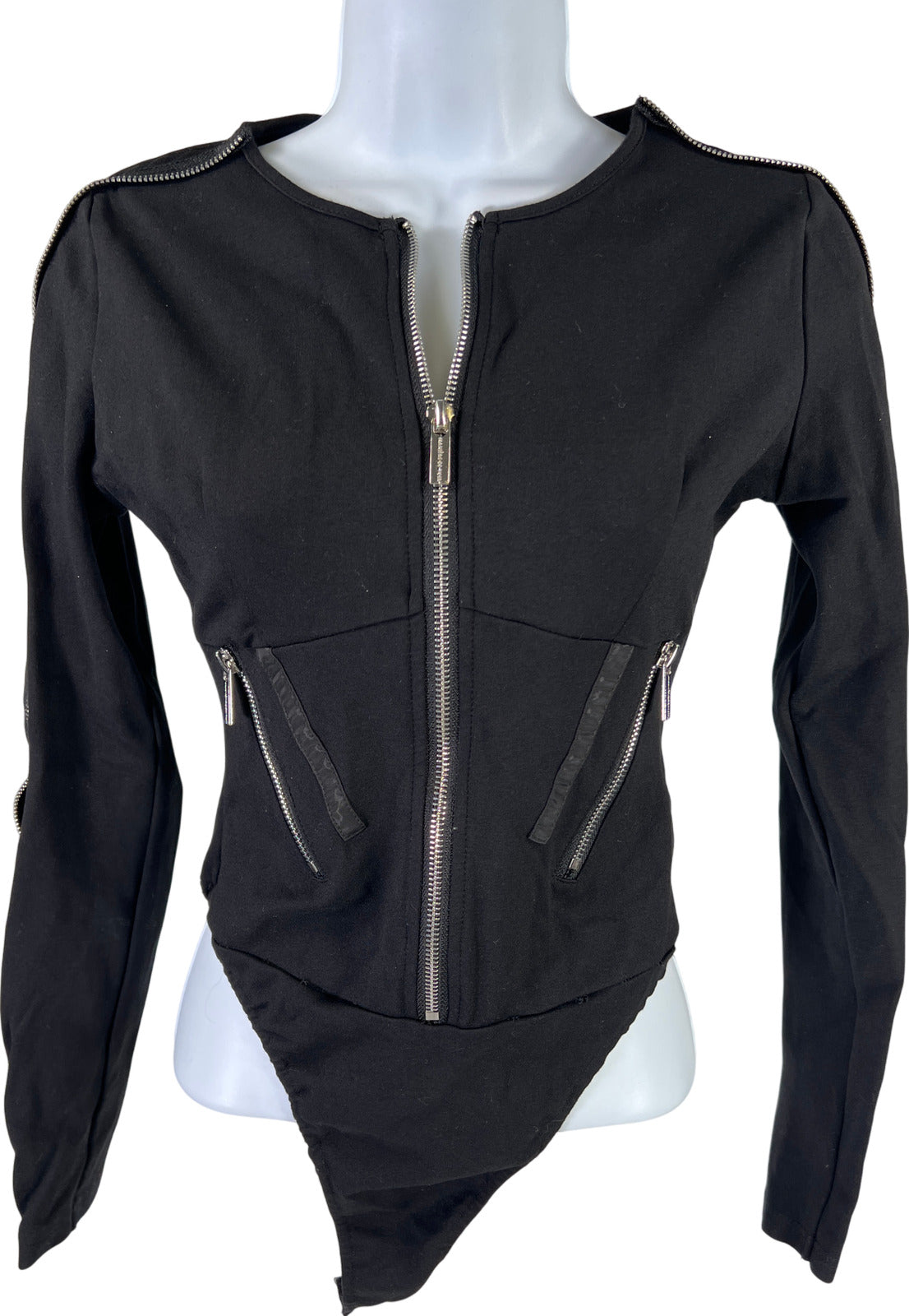 Maniere De Voir Women’s Black Zipper Accent Long Sleeve Bodysuit - 10