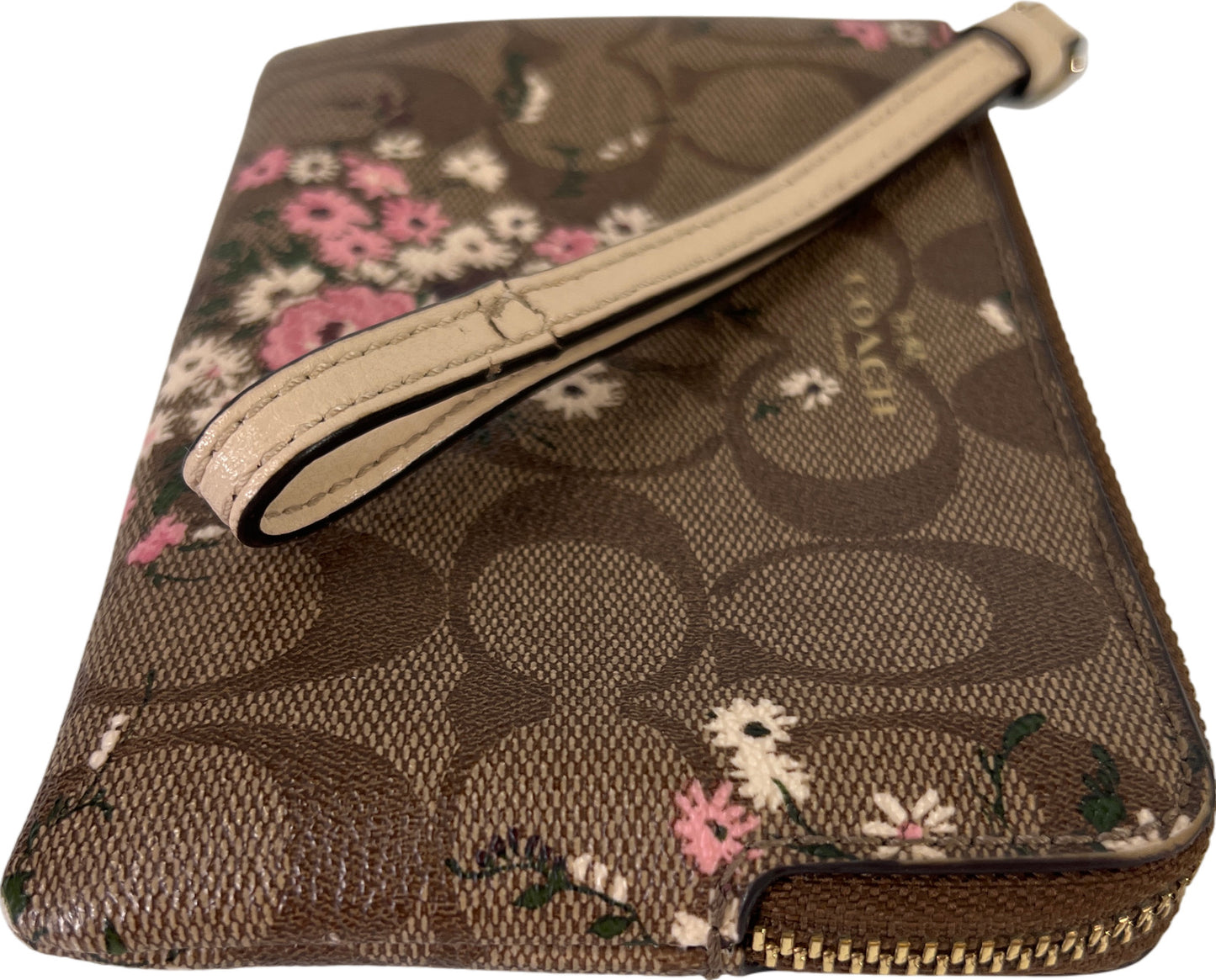 Coach Brown Signature Floral Coated Canvas Corner Zip Wristlet Pouch