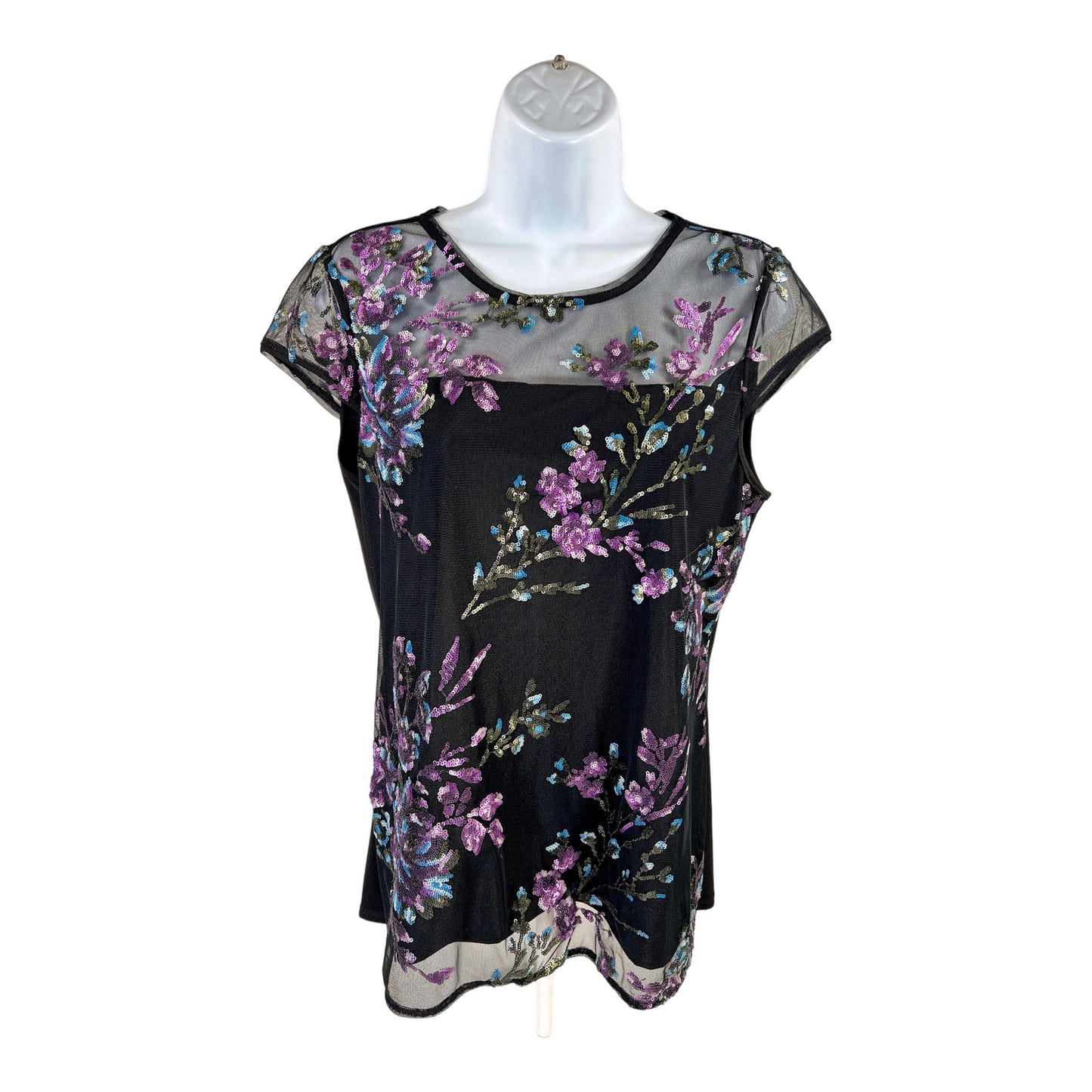 White House Black Market Womens Black Sequin Embellished Short Sleeve T-Shirt -S