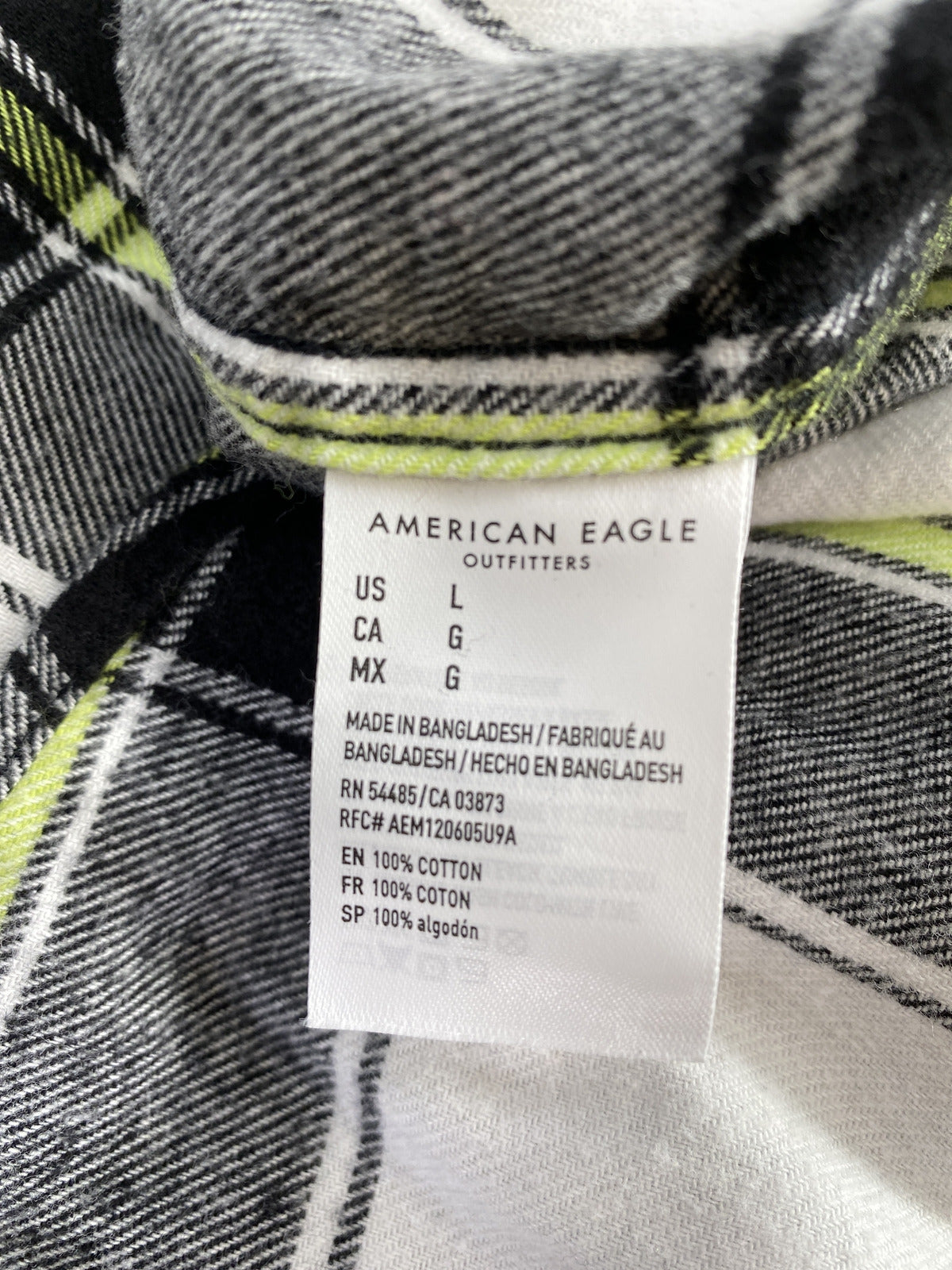 NEW American Eagle Men’s Black/Green Plaid Classic Fit Flannel Shirt - L