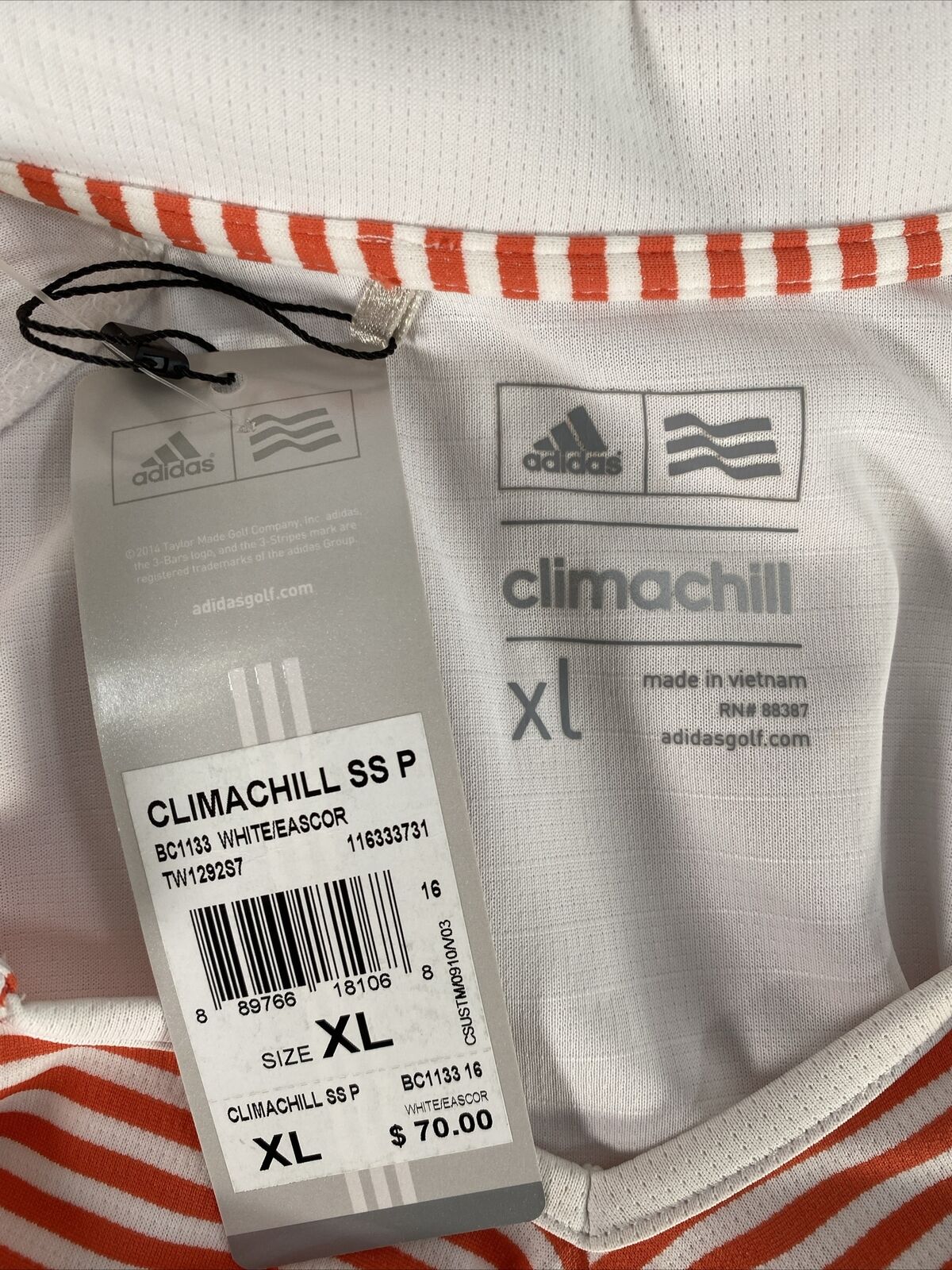 NEW Adidas Women's White/Orange Striped Climachill Short Sleeve Polo - XL