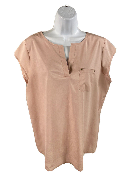 Ivanka Trump Women's Pink Sheer Short Sleeve V-Neck Blouse - L