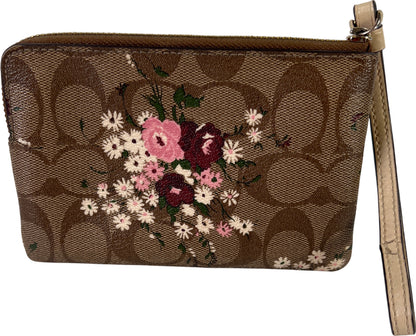 Coach Brown Signature Floral Coated Canvas Corner Zip Wristlet Pouch