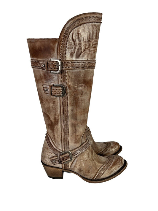 Lane Women's Tan/Brown Sakes Alive Distressed Leather Western Boots - 8.5