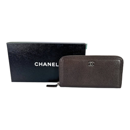 Chanel Brown Caviar Leather Zip Around Continental Wallet