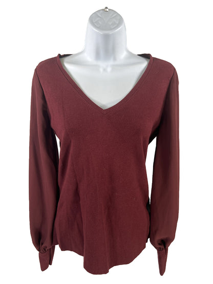 White House Black Market Women's Burgundy V-Neck Long Sleeve Sweater - S