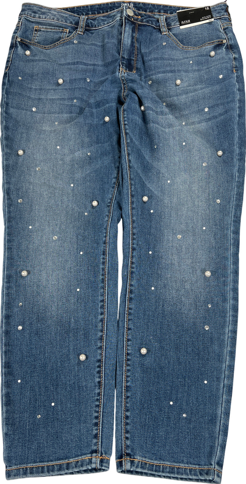 NEW ANA Women’s Medium Wash Studded Mid Rise Skinny Jeans - 16