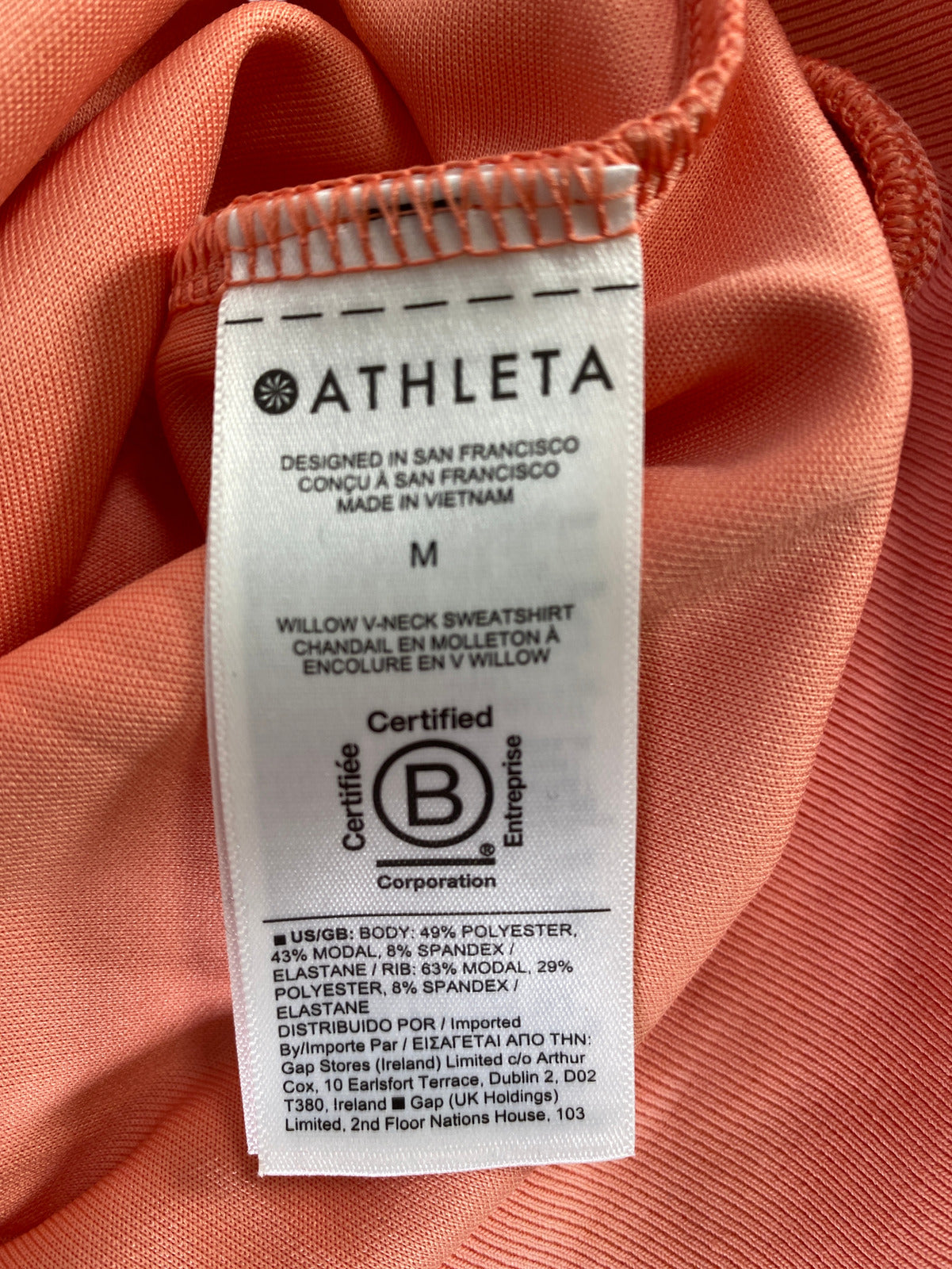 Athleta Women’s Coral/Pink Seasoft Willow V-Neck Sweatshirt - M