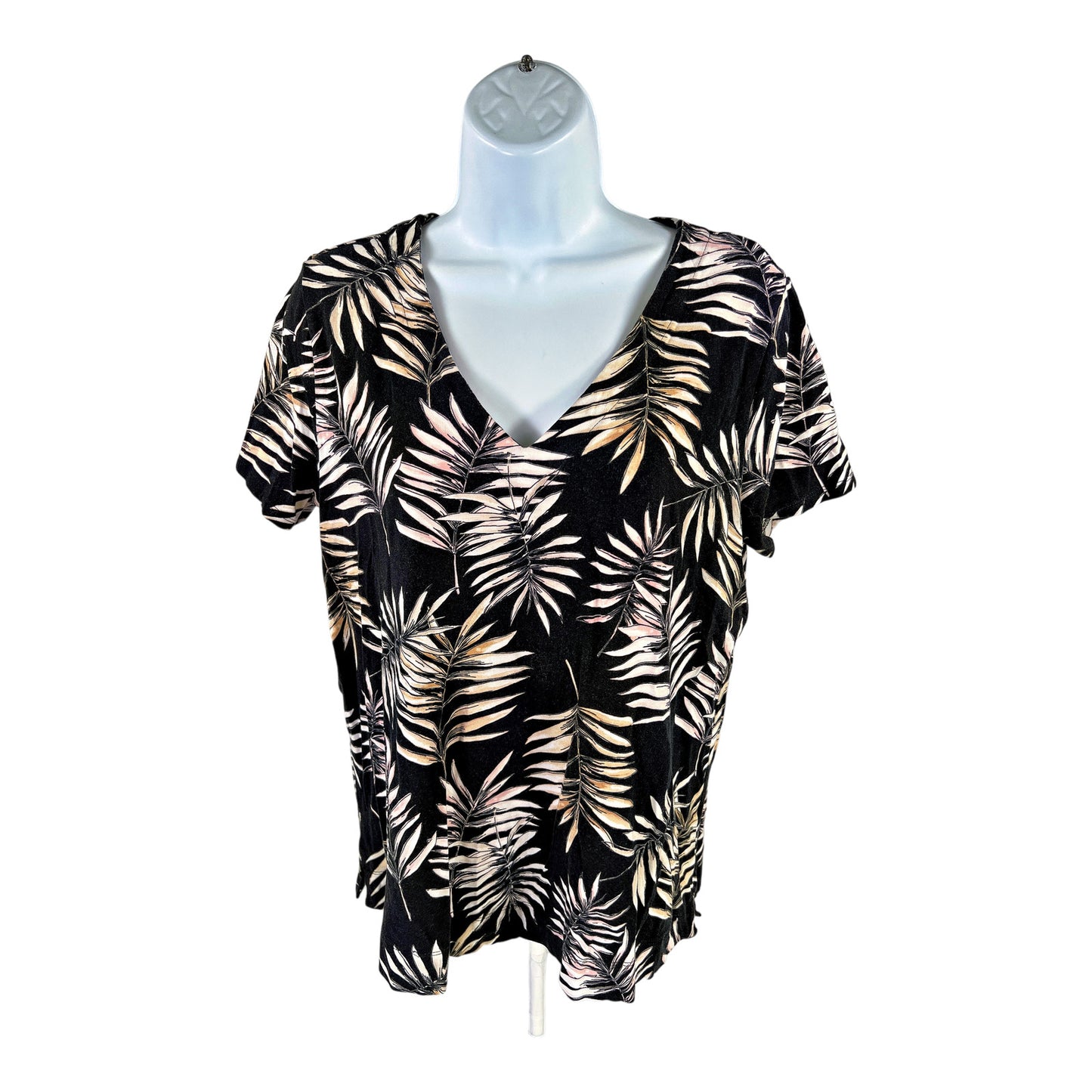 J.Jill Wearever Collection Women’s Black Palm Leaf V-Neck T-Shirt - M