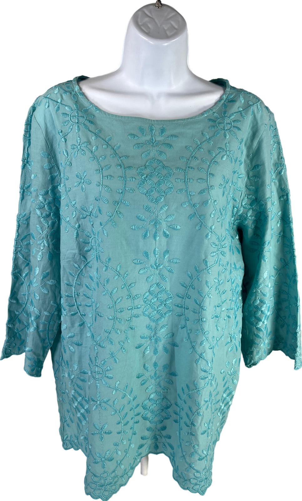 NEW Chico’s Women’s Blue Embroidered 3/4 Sleeve Tunic Top - 2/US L